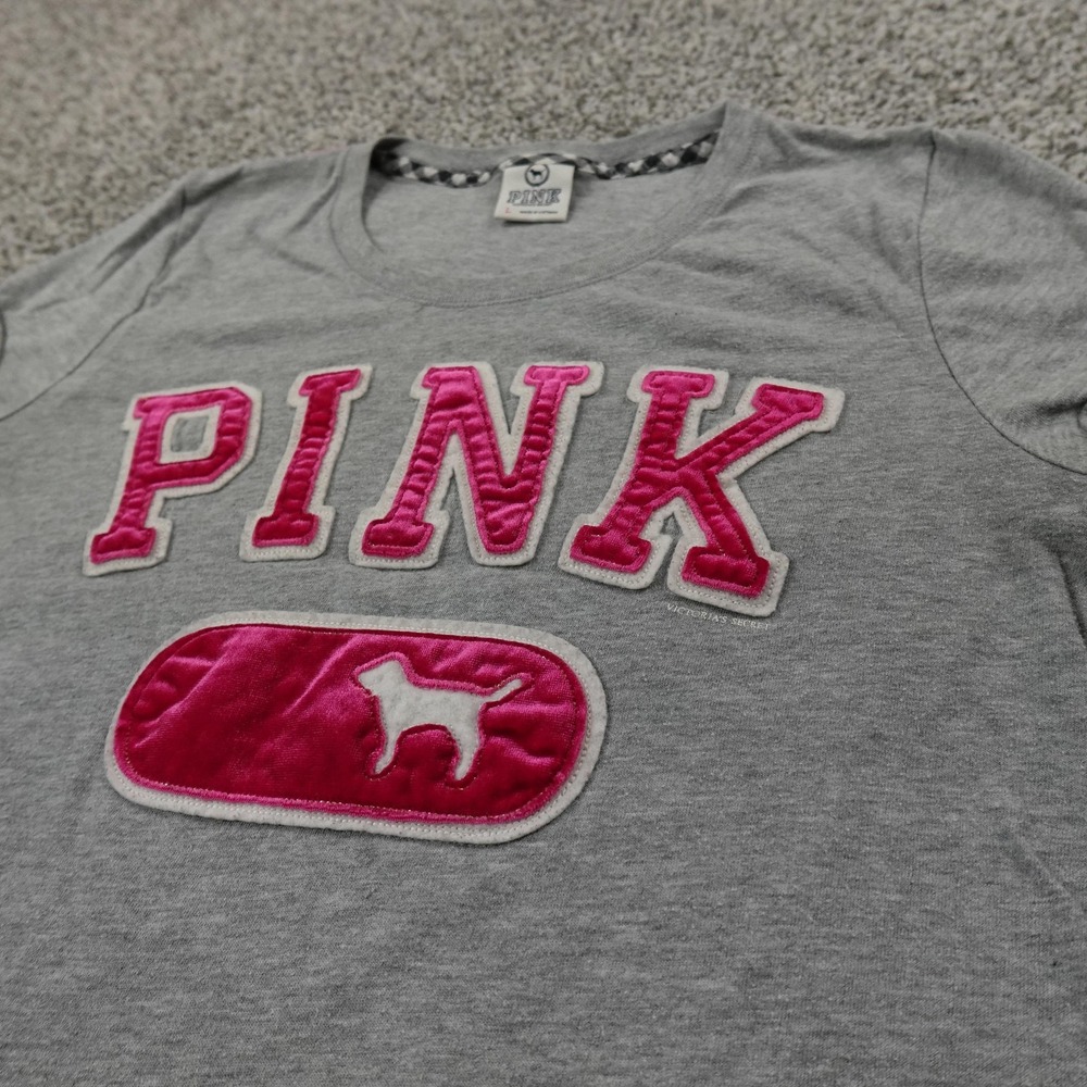 PINK Victorias Secret Shirt Womens L Gray Velvet Dog Logo Short Sleeve Tee Y2K
